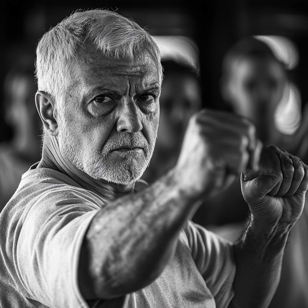 Elderly man practicing Wing Chun, demonstrating focus and precision.