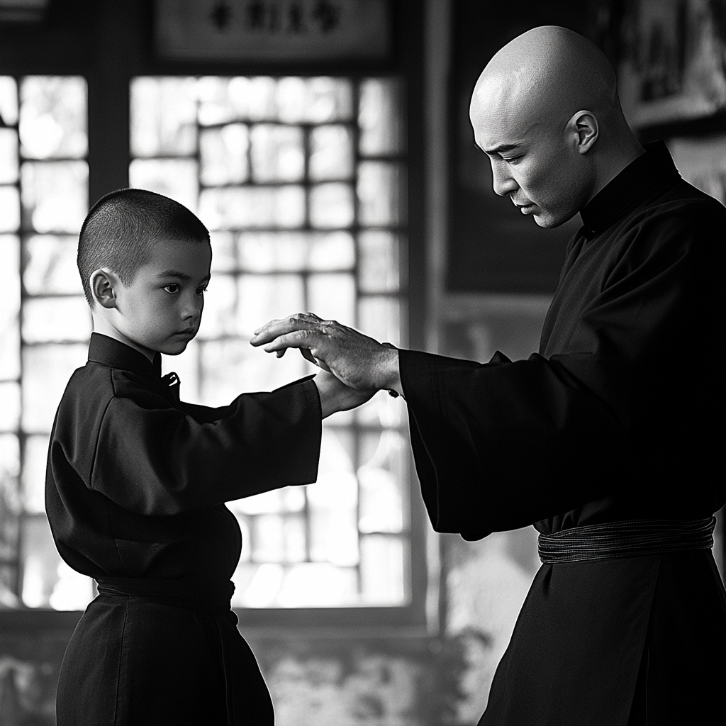 A Wing Chun tests the students form while both are standing in a focused stance and the student listens intently. The background shows a traditional martial arts studio setting.