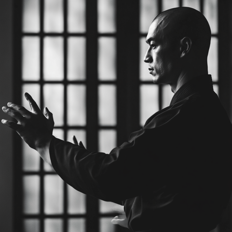 Wing Chun practitioner in a focused stance, performing traditional hand movements.